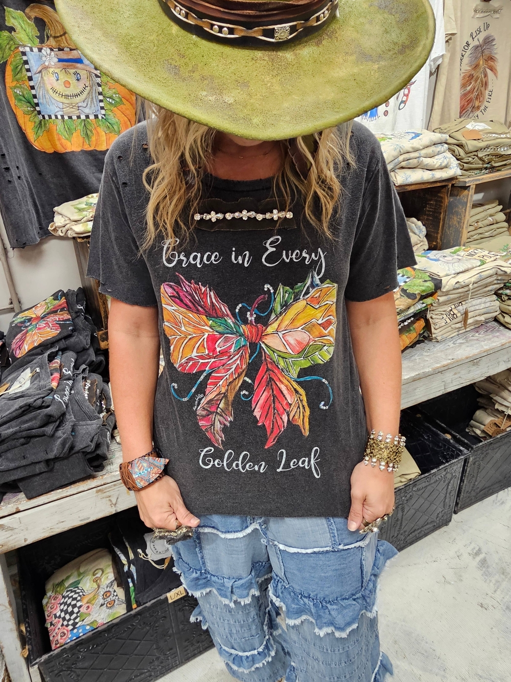 🔥BRAND NEW Grace in Every Golden Leaf Tattered 3/4 Tee,A Rare Bird,New Design - Picture 3 of 4